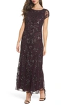 Pisarro Nights Beaded Mesh Column Gown In New Wine