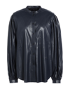 KARL LAGERFELD KARL LAGERFELD FAUX LEATHER SHIRT WOMAN SHIRT MIDNIGHT BLUE SIZE 8 POLYESTER, POLYURETHANE COATED