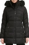 Guess Faux Fur Trim Hooded Puffer Jacket In Black