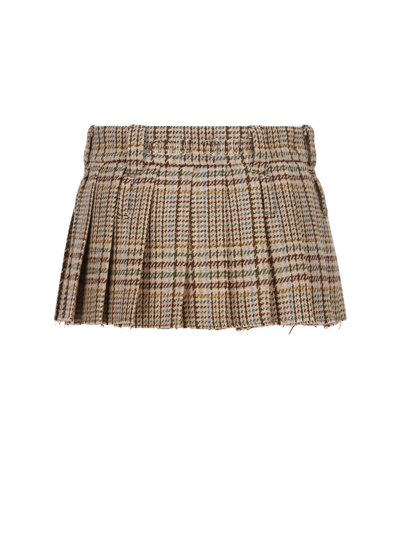 Miu Miu Pleated Tartan-wool Mini Skirt In Beige,brown