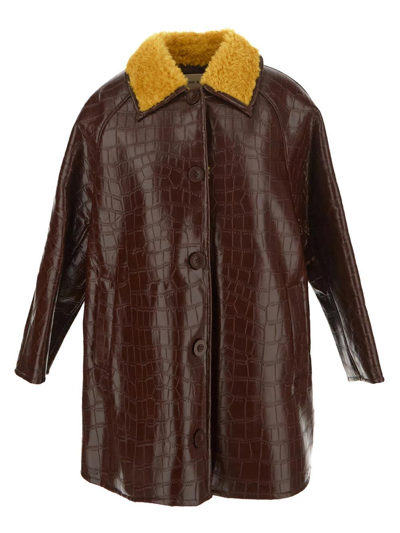 Stand Studio Amira Embossed & Faux Shearling Coat In Brown,yellow