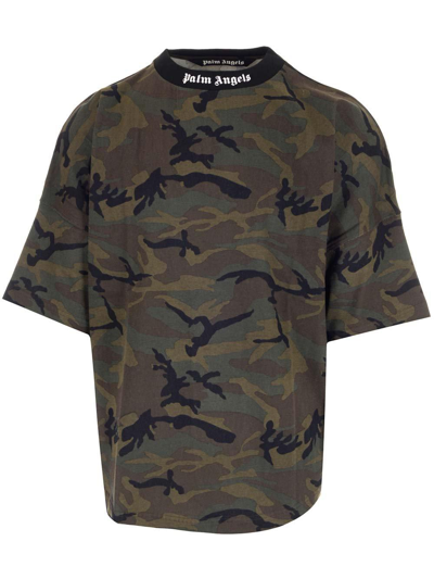 Palm Angels Logo And Camouflage-print Cotton-jersey T-shirt In Nero