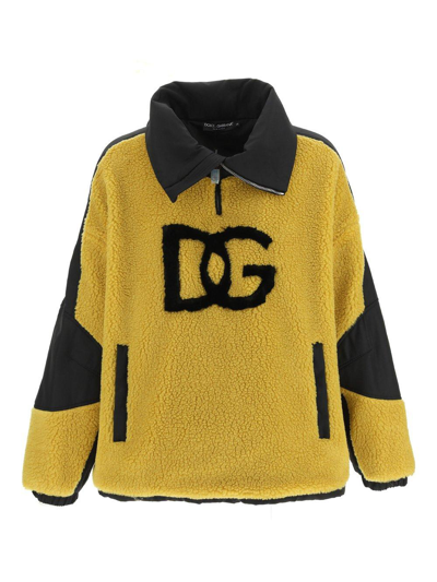 Dolce & Gabbana Faux-shearling Logo Pullover Sweatshirt In Yellow