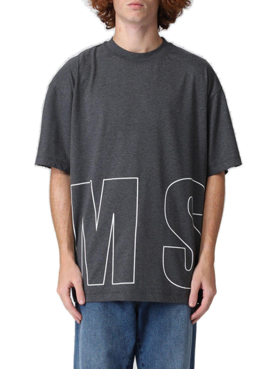 Msgm Logo Printed Crewneck T-shirt  In Grey Melange