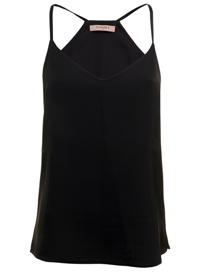 Twinset Black Viscose Tank Top With Logotwin Set Woman