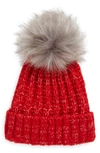 Kyi Kyi Chunky Wool Blend Beanie With Faux Fur Pom In Red/ Charcoal Black Tip