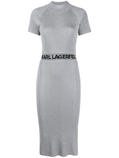 Karl Lagerfeld Lurex Logo-waist Ribbed Dress In Grey