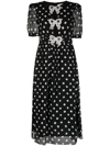 Saloni Jamie Crystal-bow Polka-dot Silk-crepe Midi Dress In Black,white