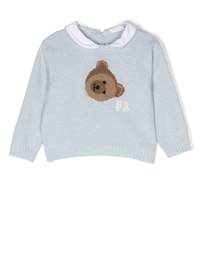 Palm Angels Light-blue Sweater For Baby Boy With Bear And Logo In Light Blue
