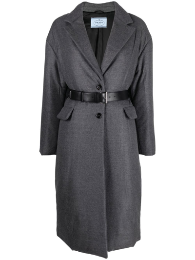 Prada Single-breasted Belted Cashmere Coat In Grey