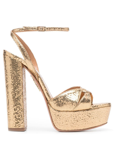 Aquazzura Sinner Metallic Snake-print Platform Sandals In Rose Gold