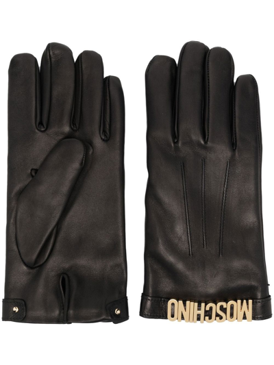 Moschino Logo-letter Leather Gloves In Schwarz