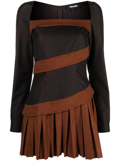Ahluwalia Nero Drill And Pleated Wool And Silk-blend Mini Dress In Brown