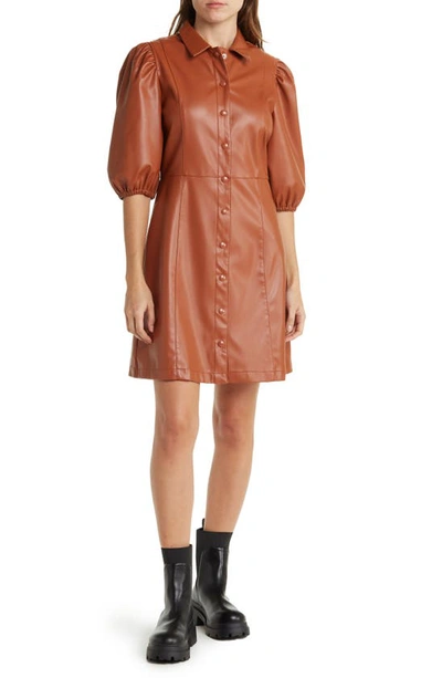 Lucy Paris Faux Leather Short Sleeve Shirtdress In Camel