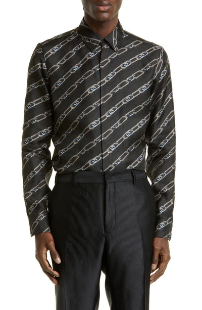 Fendi O'lock Cotton Blend Button-up Shirt In Black