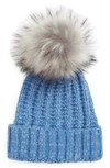 Kyi Kyi Chunky Wool Blend Beanie With Faux Fur Pom In Harbor Blue/ Grey Black Tip
