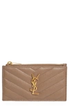 Saint Laurent Pebbled Leather Zip Card Case In Taupe