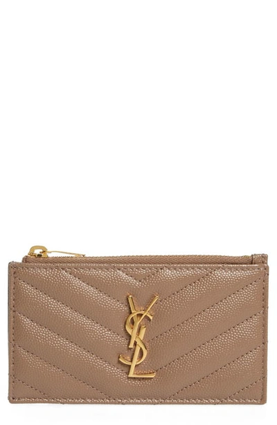 Saint Laurent Pebbled Leather Zip Card Case In Taupe