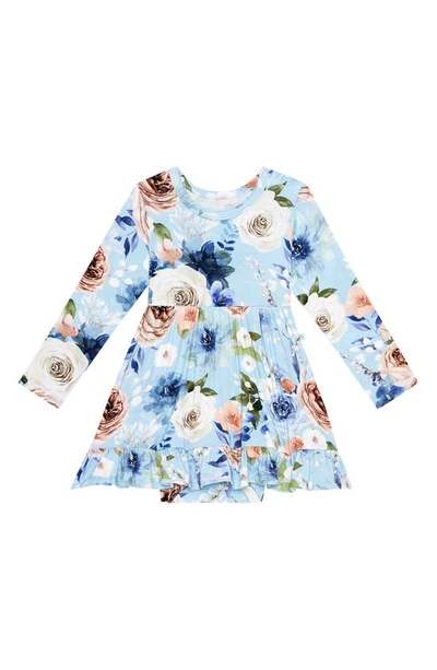 Posh Peanut Babies' Frostine Floral Long Sleeve Tiered Skirted Bodysuit In Open Blue