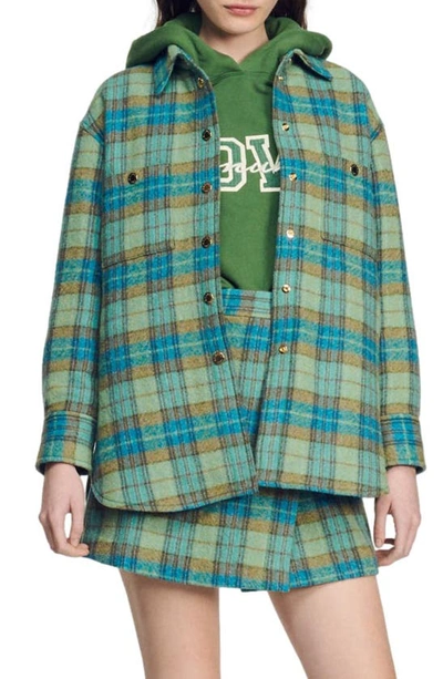 Sandro Wool Check Shirt Jacket In Blue Yellow