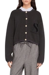 Sandro Knit Cardigan With Embroidered Pocket In Charcoal Grey