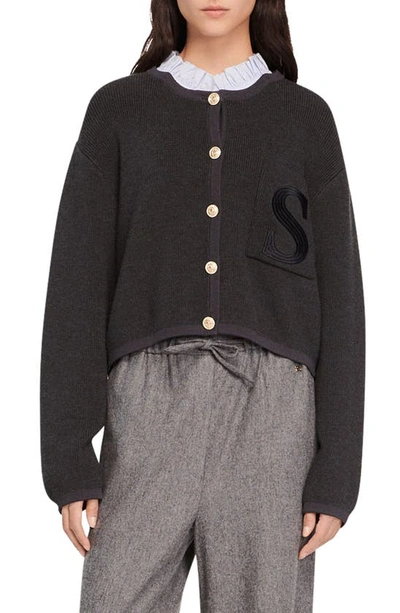 Sandro Knit Cardigan With Embroidered Pocket In Charcoal Grey