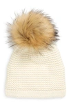 Kyi Kyi Wool Blend Beanie With Faux Fur Pom In White/ Natural