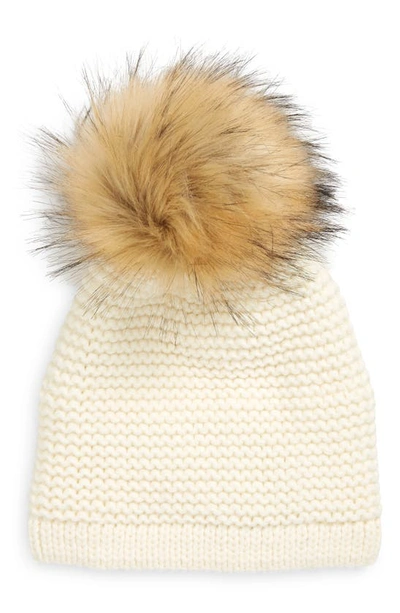 Kyi Kyi Wool Blend Beanie With Faux Fur Pom In White/ Natural
