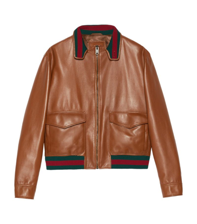 Gucci Leather Bomber Jacket In Brown