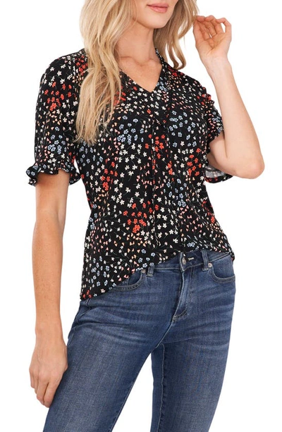 Cece Floral Print Tie Neck Blouse In Black/ Multi