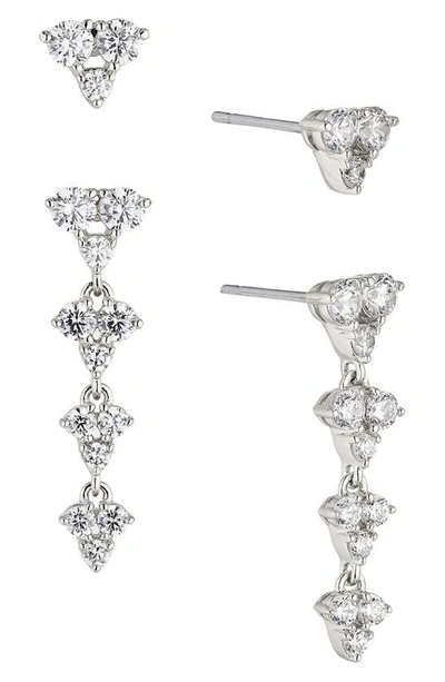 Nadri Pave The Way Set Of 2 Crystal Stud & Linear Drop Earrings In Silver