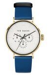 Ted Baker London Phylipa Gents Leather Strap Watch, 41mm In Gold/ White/ Blue