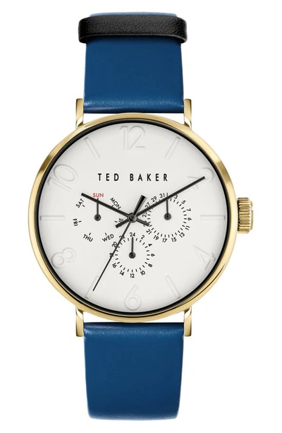 Ted Baker Phylipa Gents Leather Strap Watch, 41mm In Gold/ White/ Blue