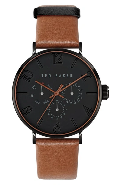 Ted Baker Phylipa Gents Leather Strap Watch, 41mm In Black/ Black/ Tan