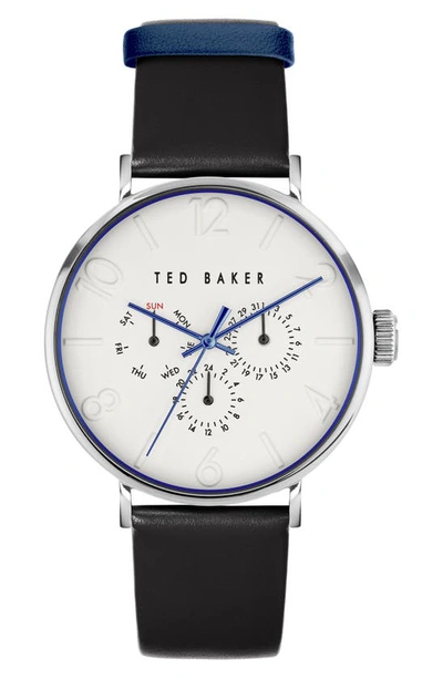 Ted Baker Phylipa Gents Leather Strap Watch, 41mm In Silver/ White/ Black