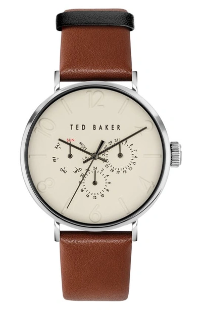 Ted Baker Phylipa Gents Leather Strap Watch, 41mm In Silver/ Cream/ Brown