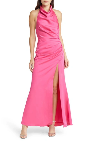 Misha Clover Cowl Neck Gown In Hot Pink