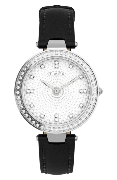 Timex Adorn Crystal Leather Strap Watch, 32mm In Silver/ Silver/ Black