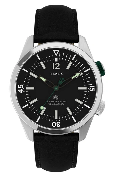 Timex Waterbury Dive Leather Strap Watch, 41mm In Silver/ Black/ Black