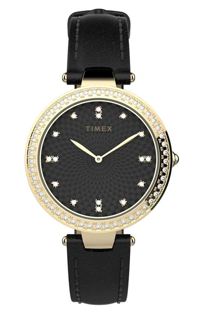 Timex Adorn Crystal Leather Strap Watch, 32mm In Gold/ Black/ Black