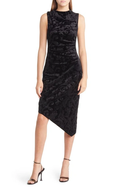 Charles Henry Ruched Velvet Midi Dress In Black Paisley