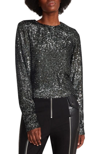 Steve Madden Demi Sequin Long Sleeve Top In Gunmetal