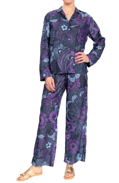 Everyday Ritual Allison/angela Button-down Cotton Pajama Set In Midnight Garden