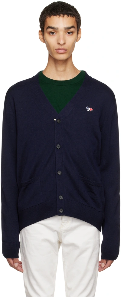 Maison Kitsuné Navy Tricolor Fox Patch Cardigan In Blue