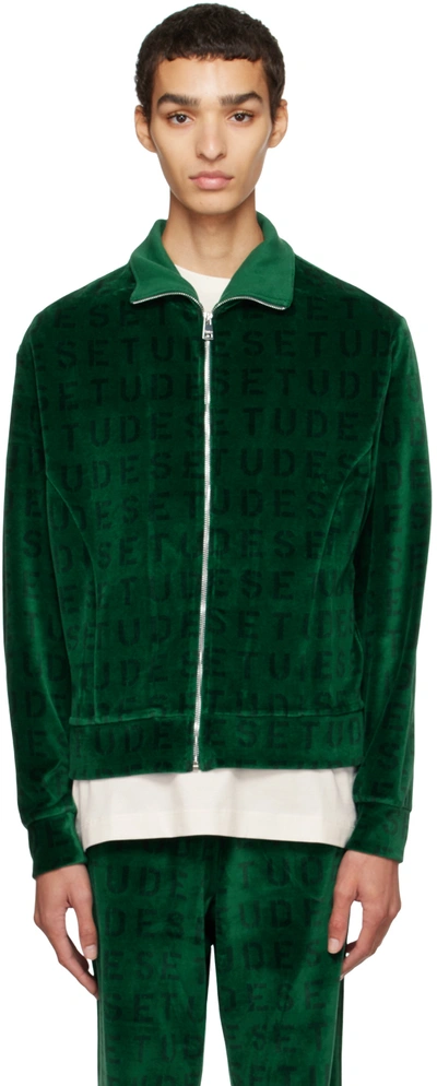 Etudes Studio Velvet-effect Logo-print Cardigan In Green
