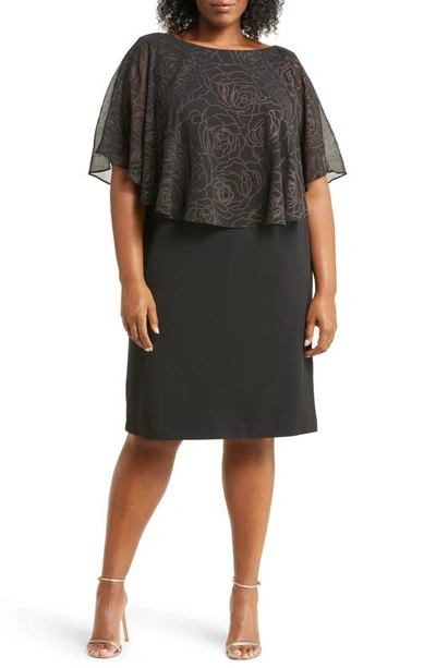 Connected Apparel Floral Chiffon Cape Sheath Dress In Black/ Gold