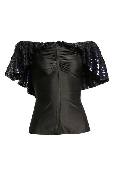 Rabanne Sequin-embellished Off-shoulder Woven Top In Black