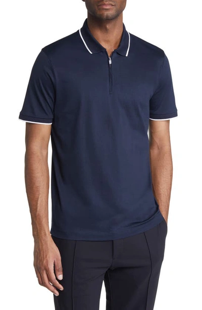 Hugo Boss Polston Tipped Zip Polo In Dark Blue