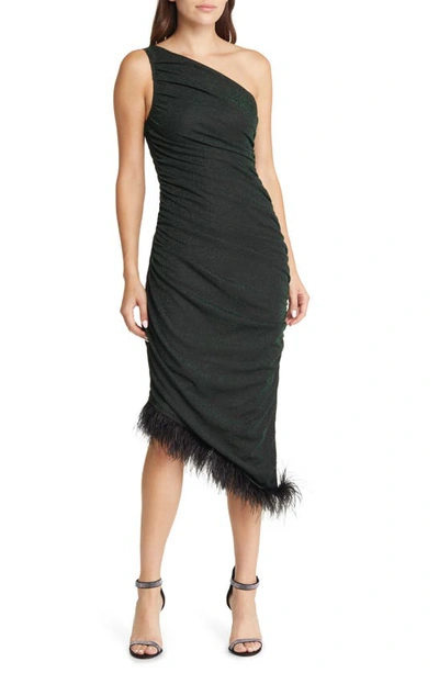 Saylor Hilaria One-shoulder Asymmetric Feather Trim Cocktail Dress In Black