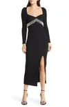 SAYLOR ALINA RIBBED IMITATION PEARL FRINGE LONG SLEEVE MIDI DRESS